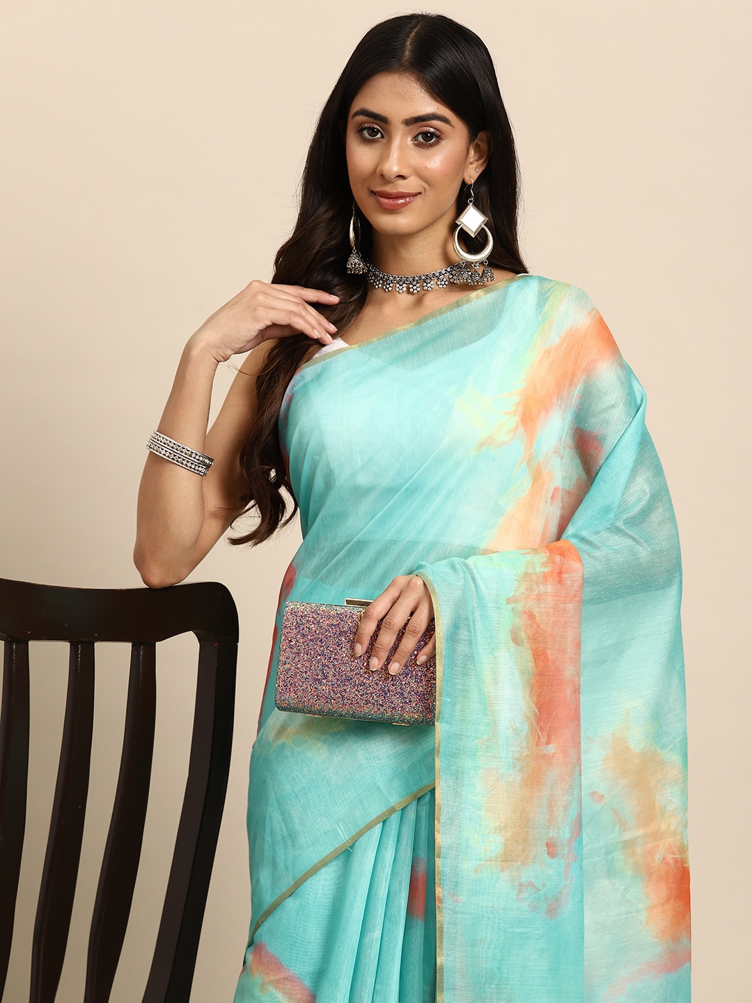 

Silk Land Tie and Dye Organza Digital Print Saree, Sea green