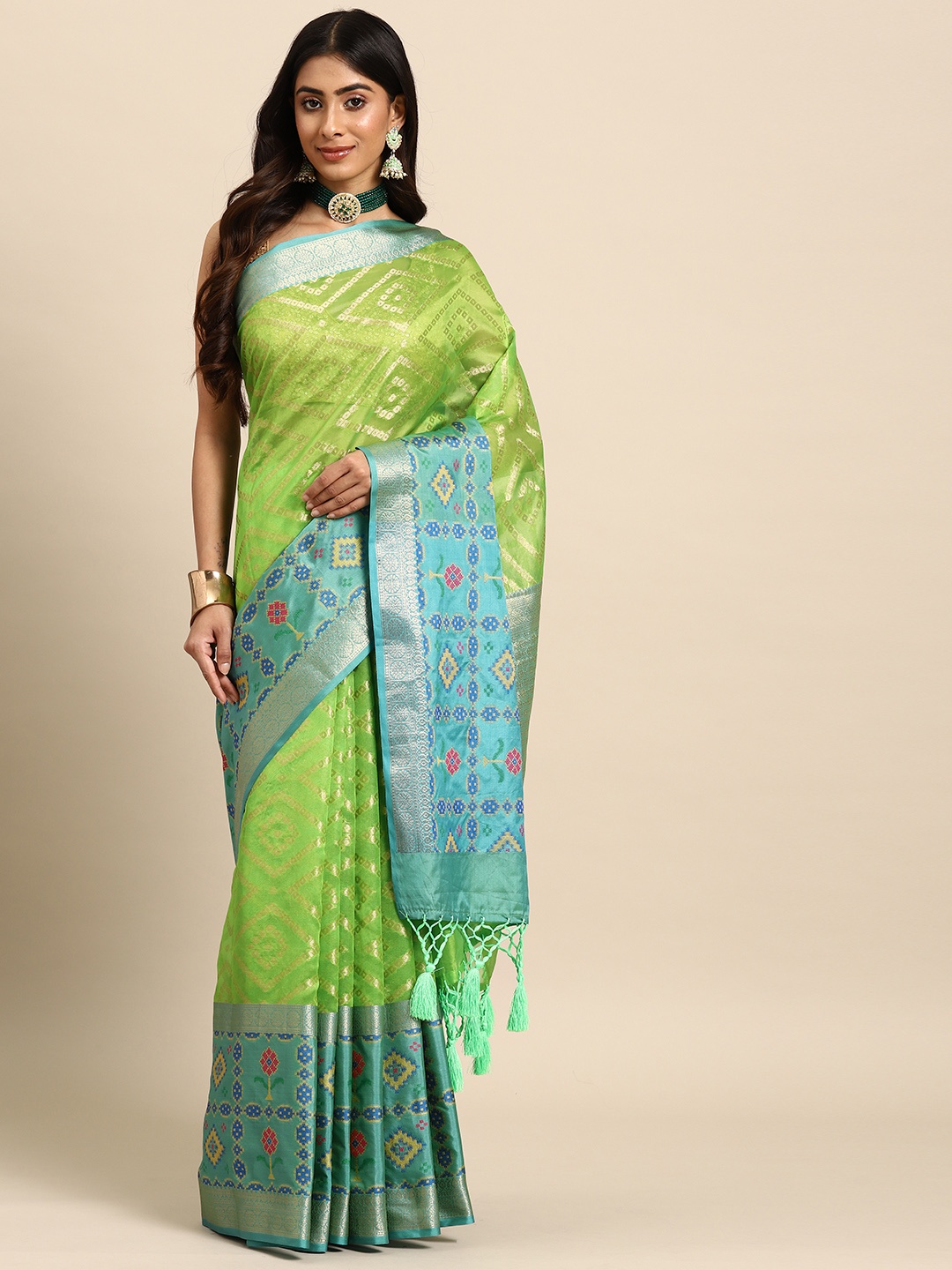 

Silk Land Lime Green Zari Silk Blend Banarasi Saree