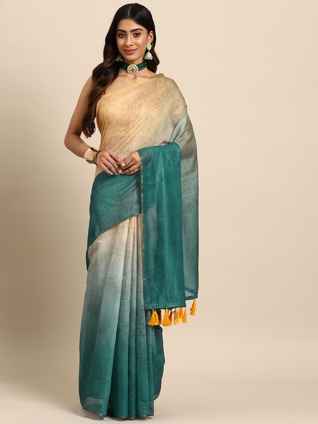 

Silk Land Floral Organza Digital Print Saree, Sea green