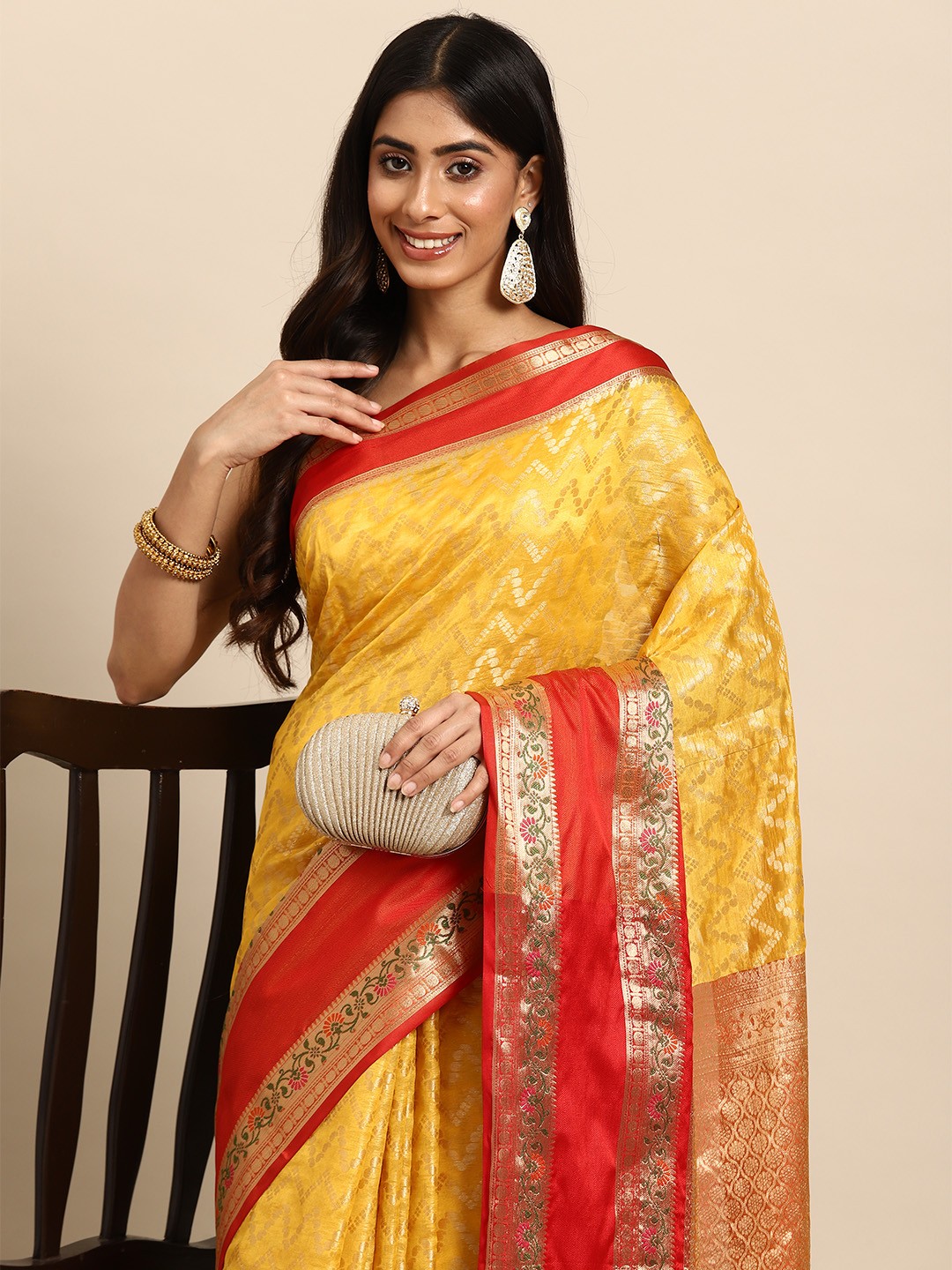 

Silk Land Yellow & Red Zari Silk Blend Paithani Saree