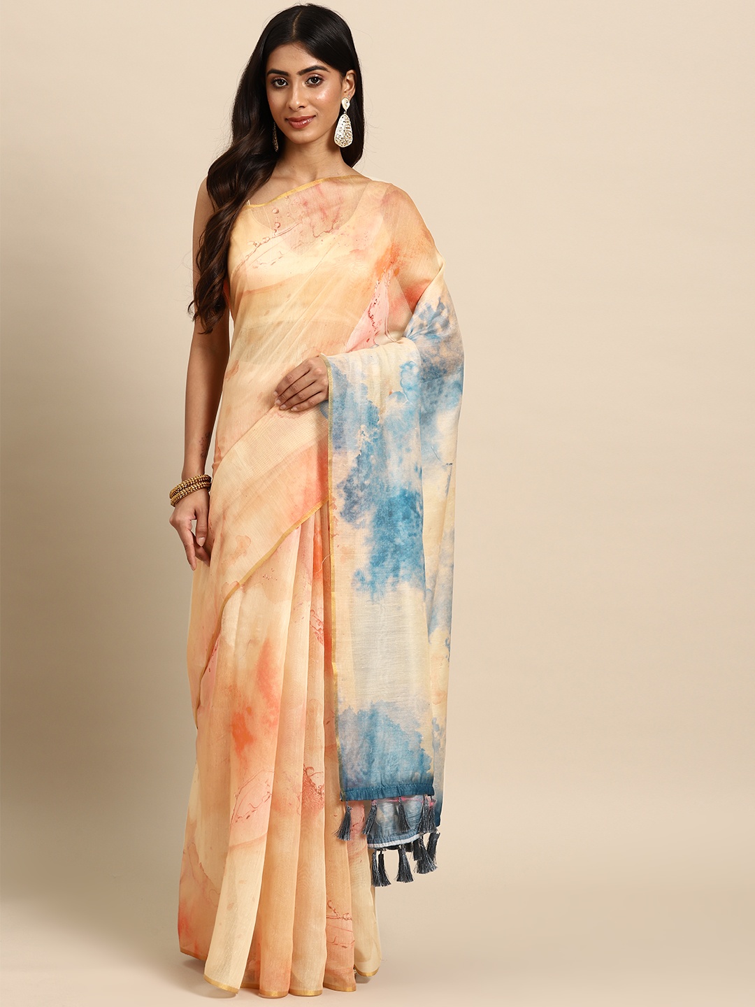 

Silk Land Beige Tie and Dye Organza Saree