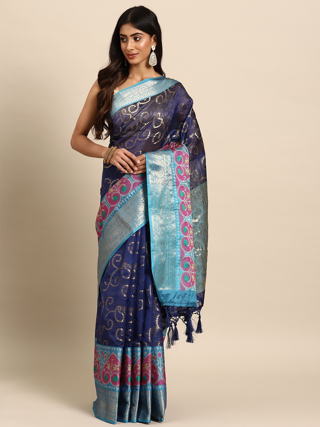 

Silk Land Navy Blue Floral Zari Silk Blend Banarasi Saree