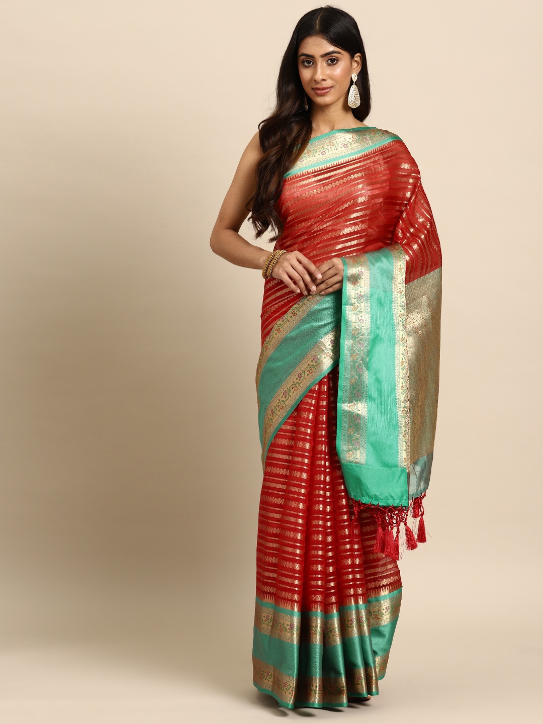 

Silk Land Red Striped Zari Silk Blend Paithani Saree