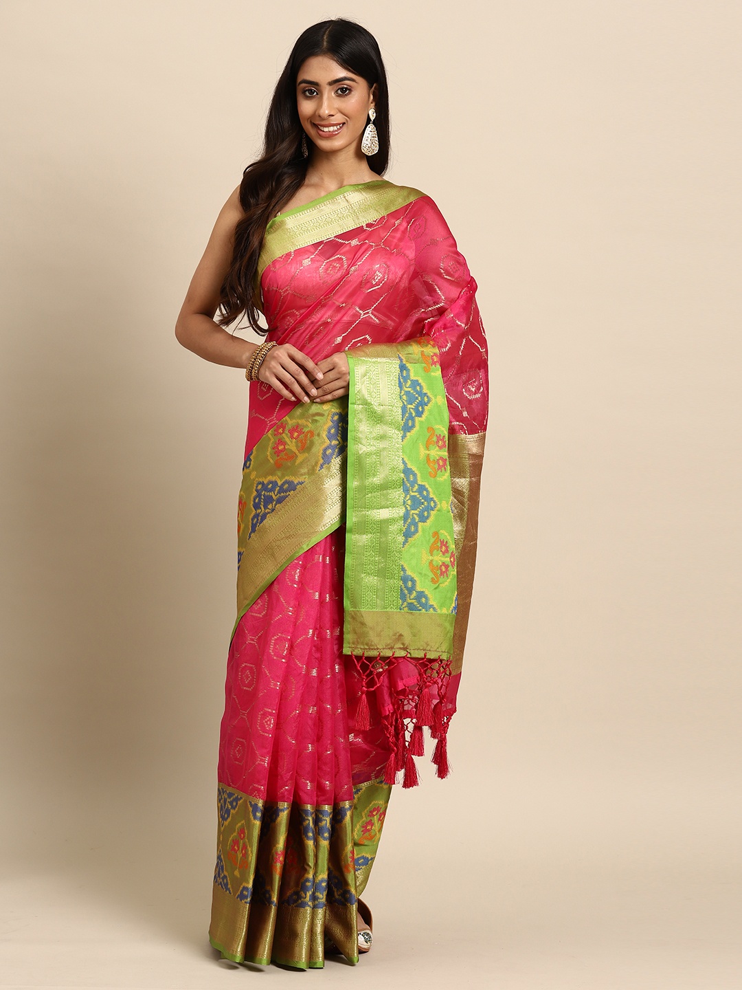 

Silk Land Pink Zari Silk Blend Banarasi Saree