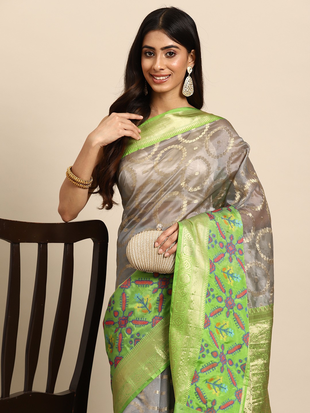 

Silk Land Grey & Green Zari Silk Blend Banarasi Saree