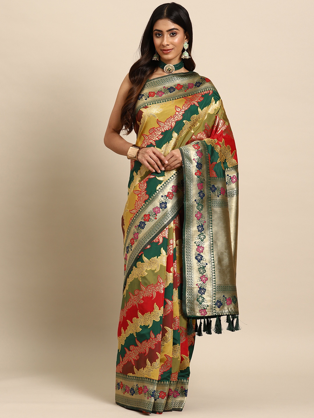 

Silk Land Multicoloured Floral Zari Art Silk Kanjeevaram Saree, Multi