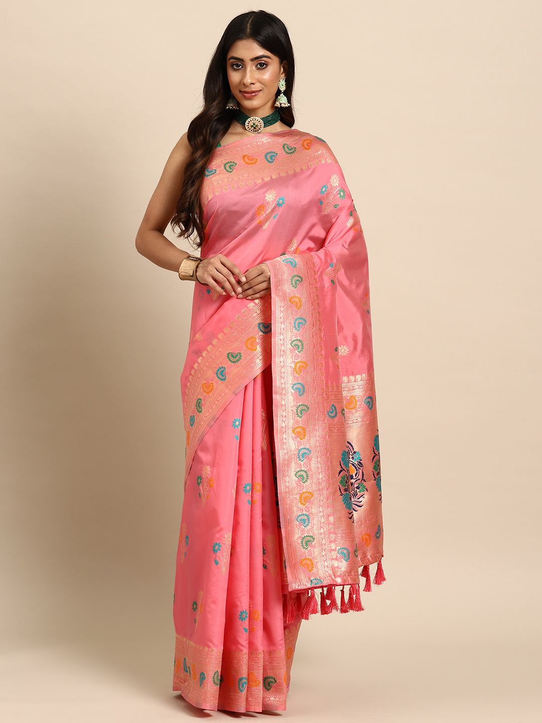 

Silk Land Pink Floral Zari Art Silk Kanjeevaram Saree