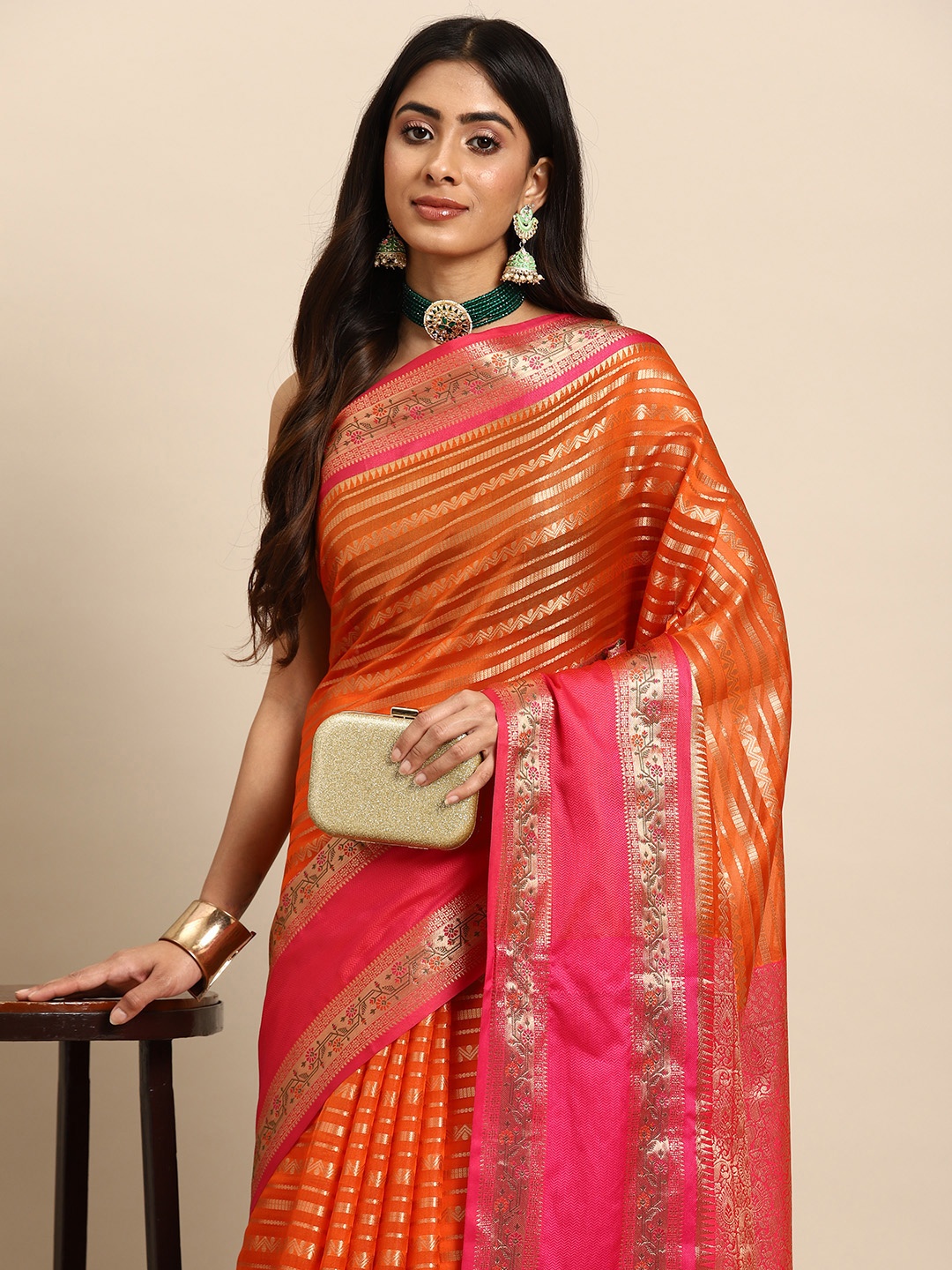 

Silk Land Orange Striped Zari Silk Blend Paithani Saree