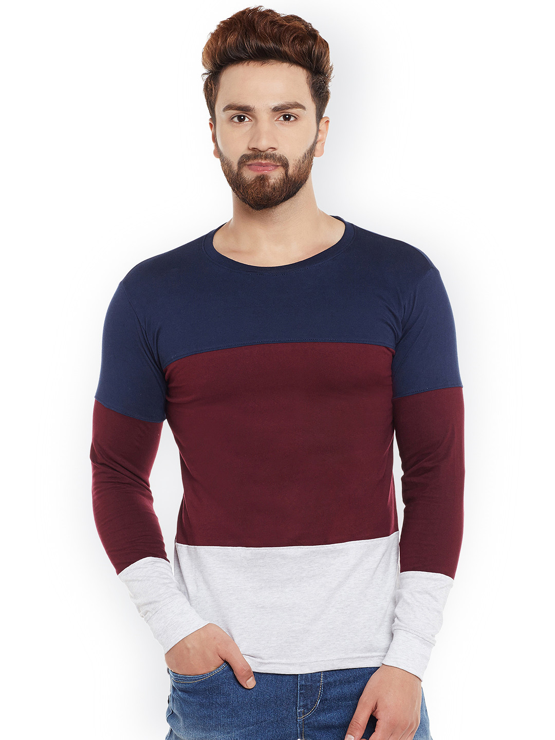 

The Dry State Men Maroon Colourblocked Round Neck T-shirt