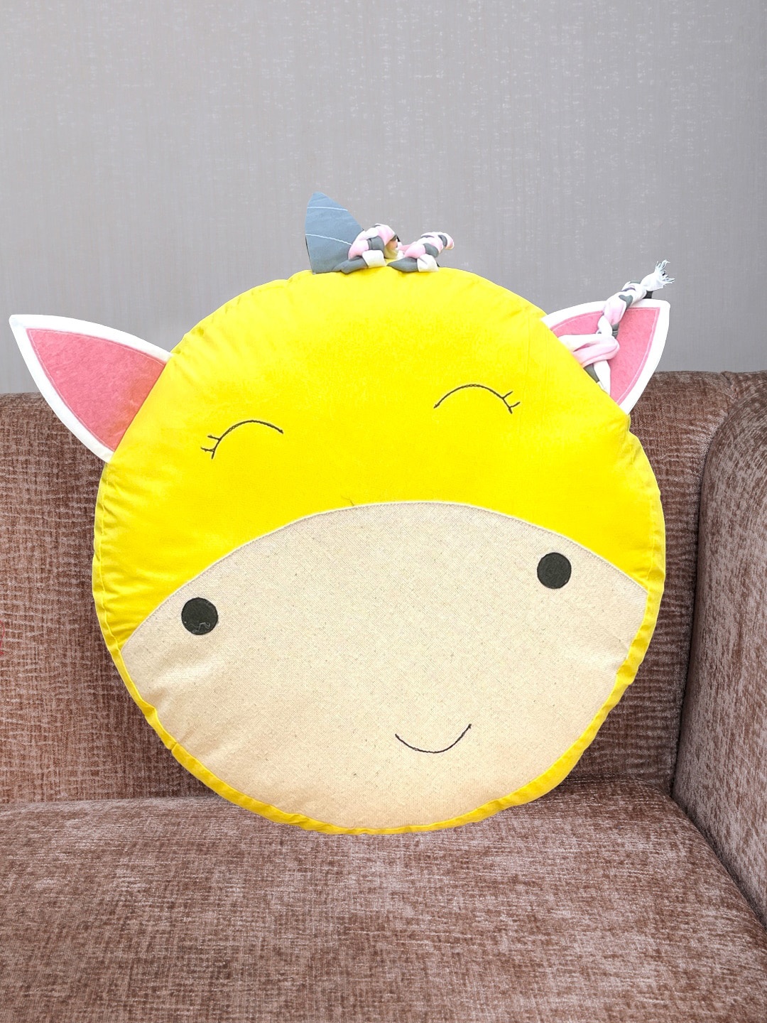 

My Gift Booth Kids Yellow & Brown Round Shape Cotton Pre-Filled Cushion