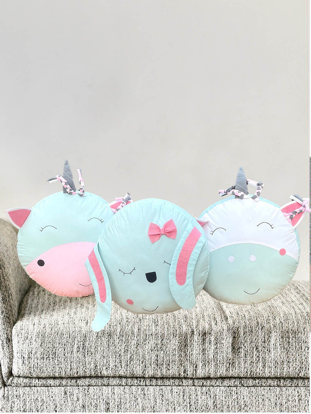 

My Gift Booth Kids Sea Green & Pink 3 Pieces Round Shape Cotton Pre-Filled Cushions