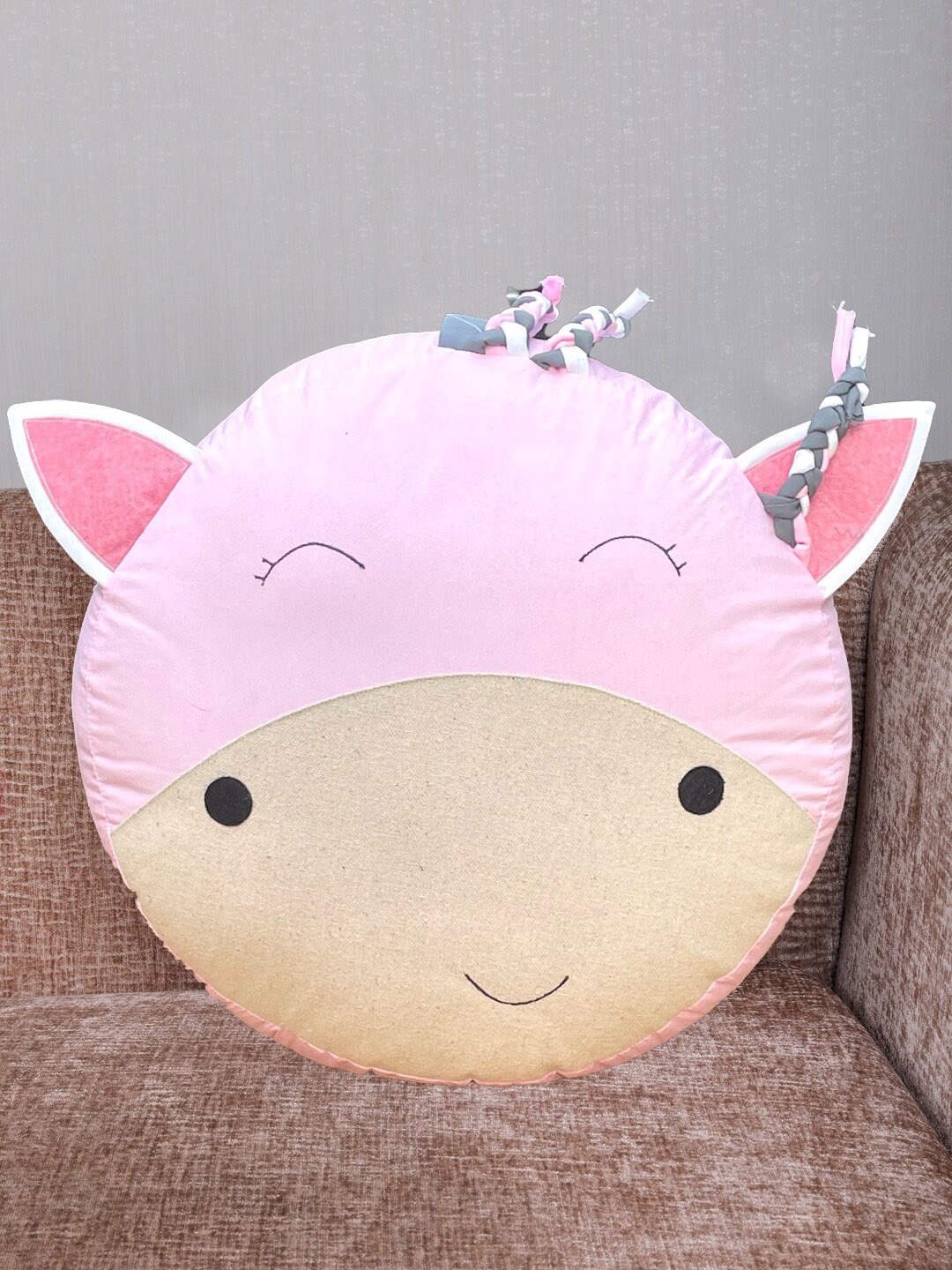 

My Gift Booth Kids Pink & Brown Round Shape Cotton Pre-Filled Cushion