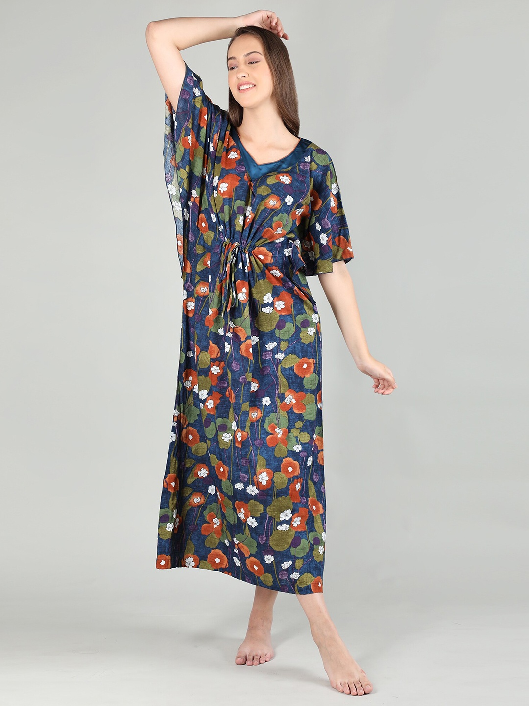 

Organzaa Floral Printed Kaftan Maxi Nightdress, Navy blue