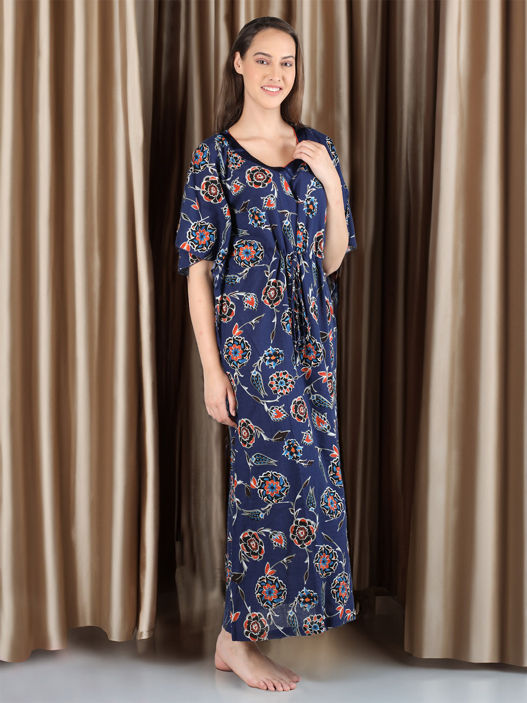 

Organzaa Ethnic Motifs Printed Kaftan Maxi Nightdress, Navy blue
