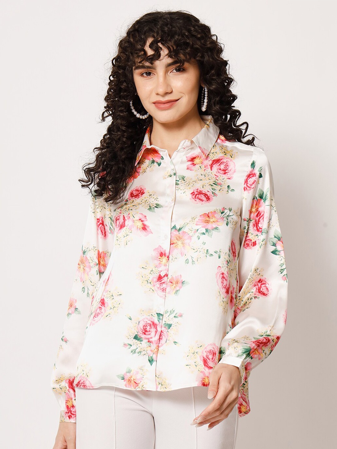 

HERE&NOW White & Red Floral Printed Spread Collar Casual Shirt