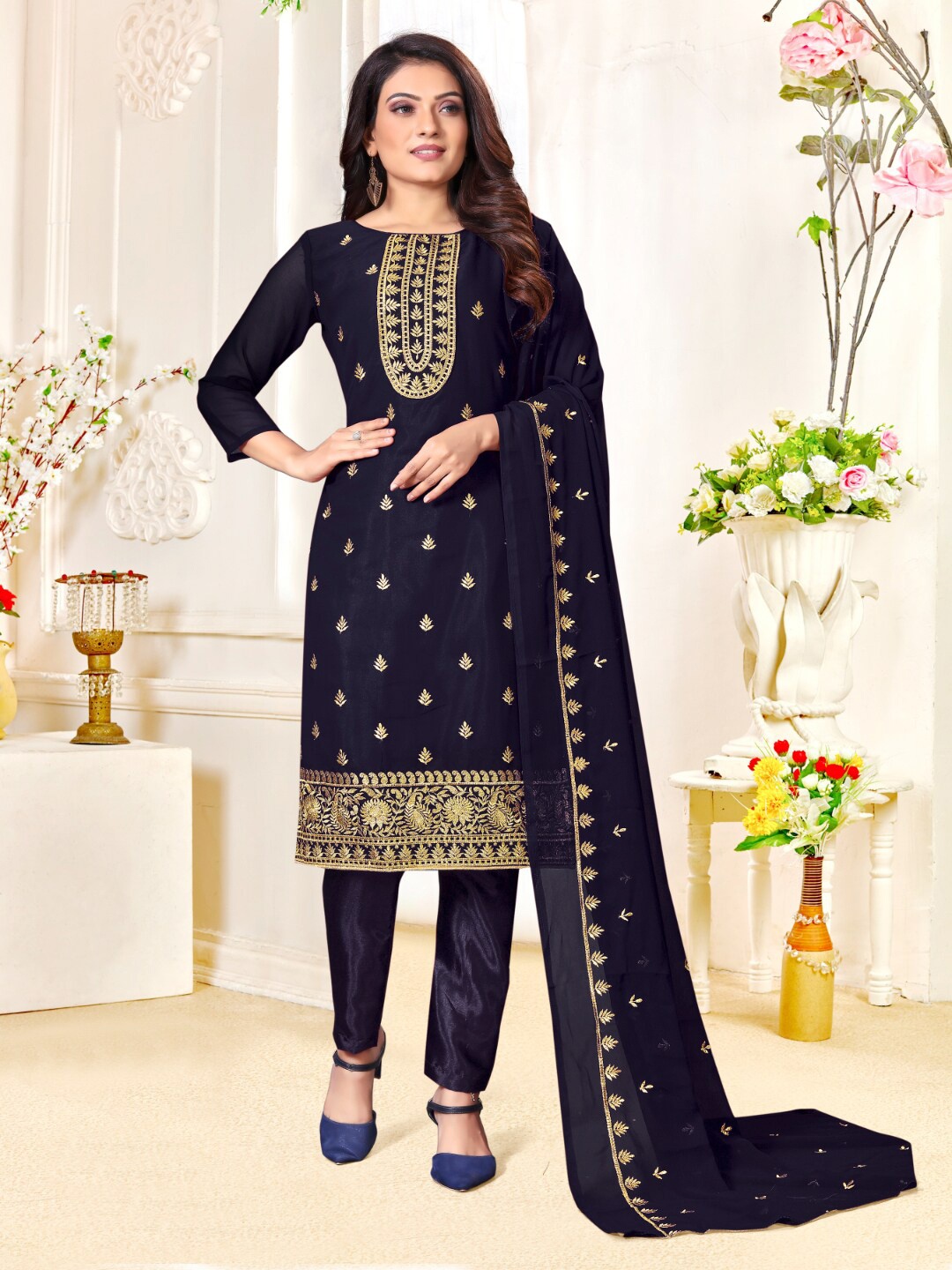 

Angroop Embroidered Zari Unstitched Dress Material, Navy blue