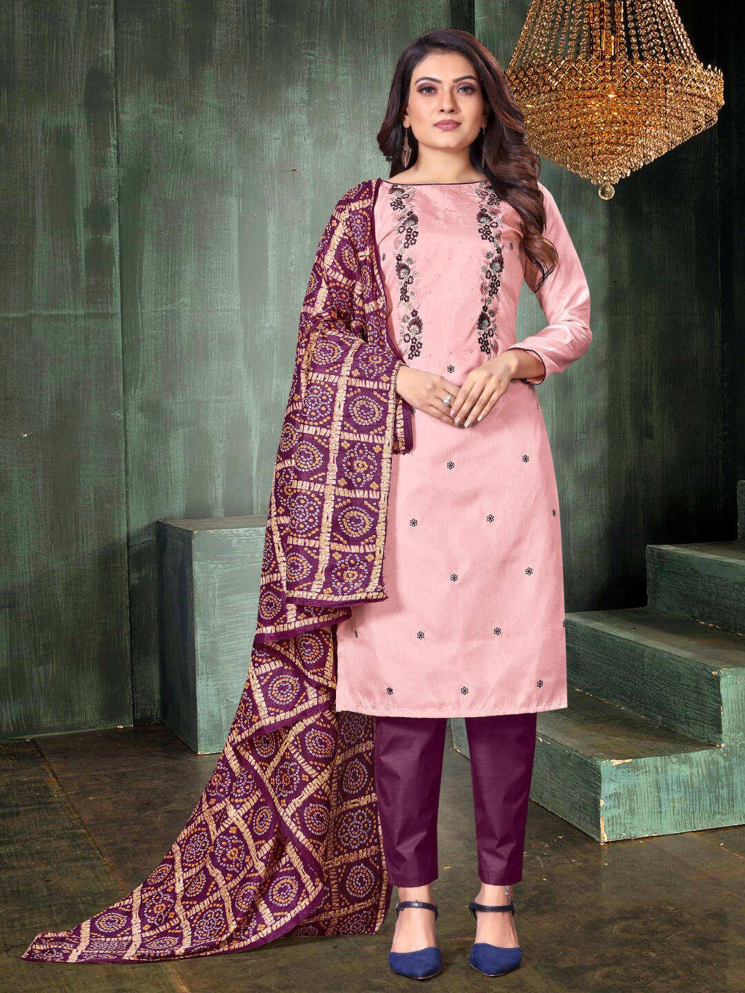 

Angroop Embroidered Art Silk Unstitched Dress Material, Pink