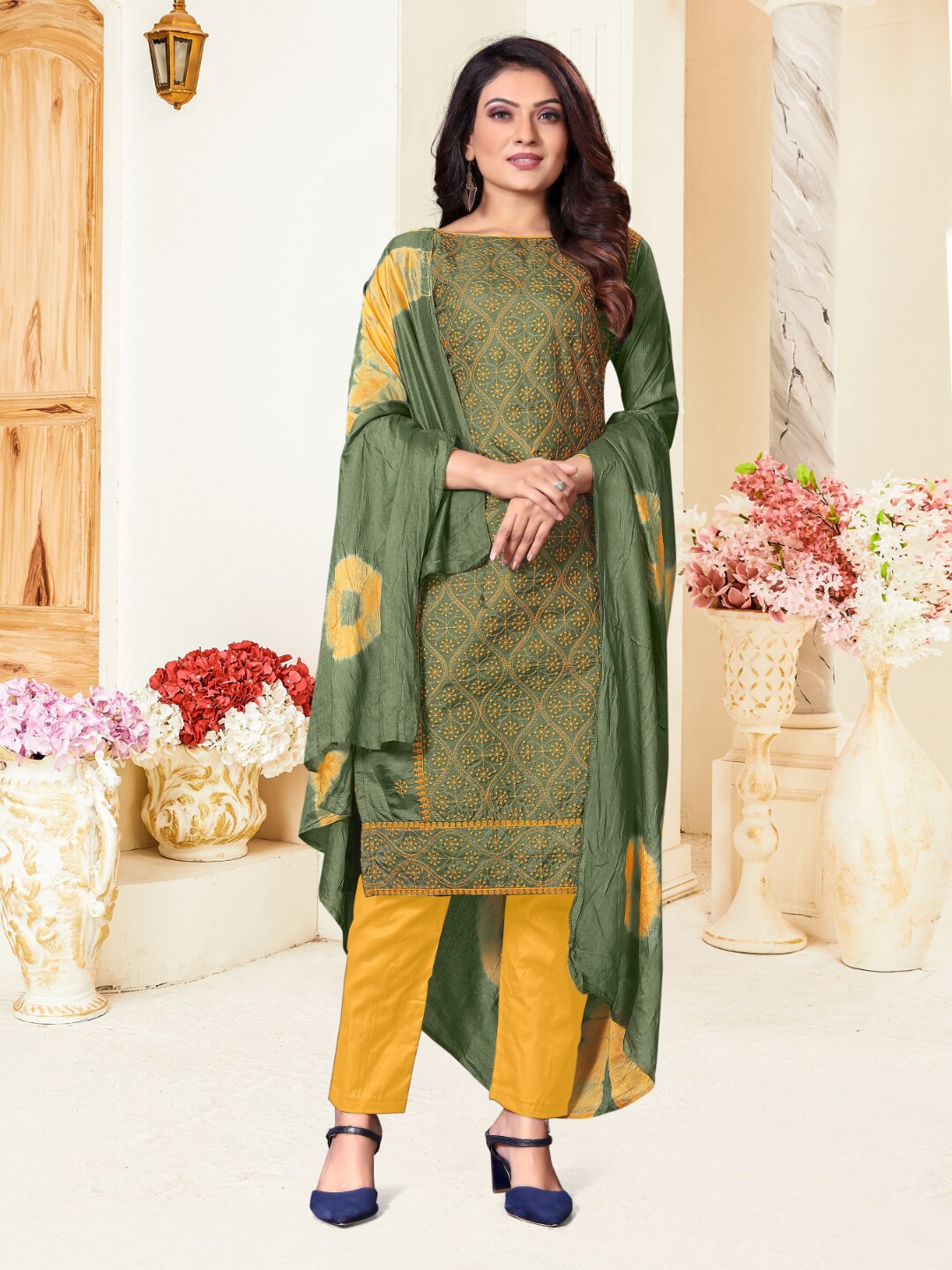 

Angroop Embroidered Unstitched Dress Material, Olive
