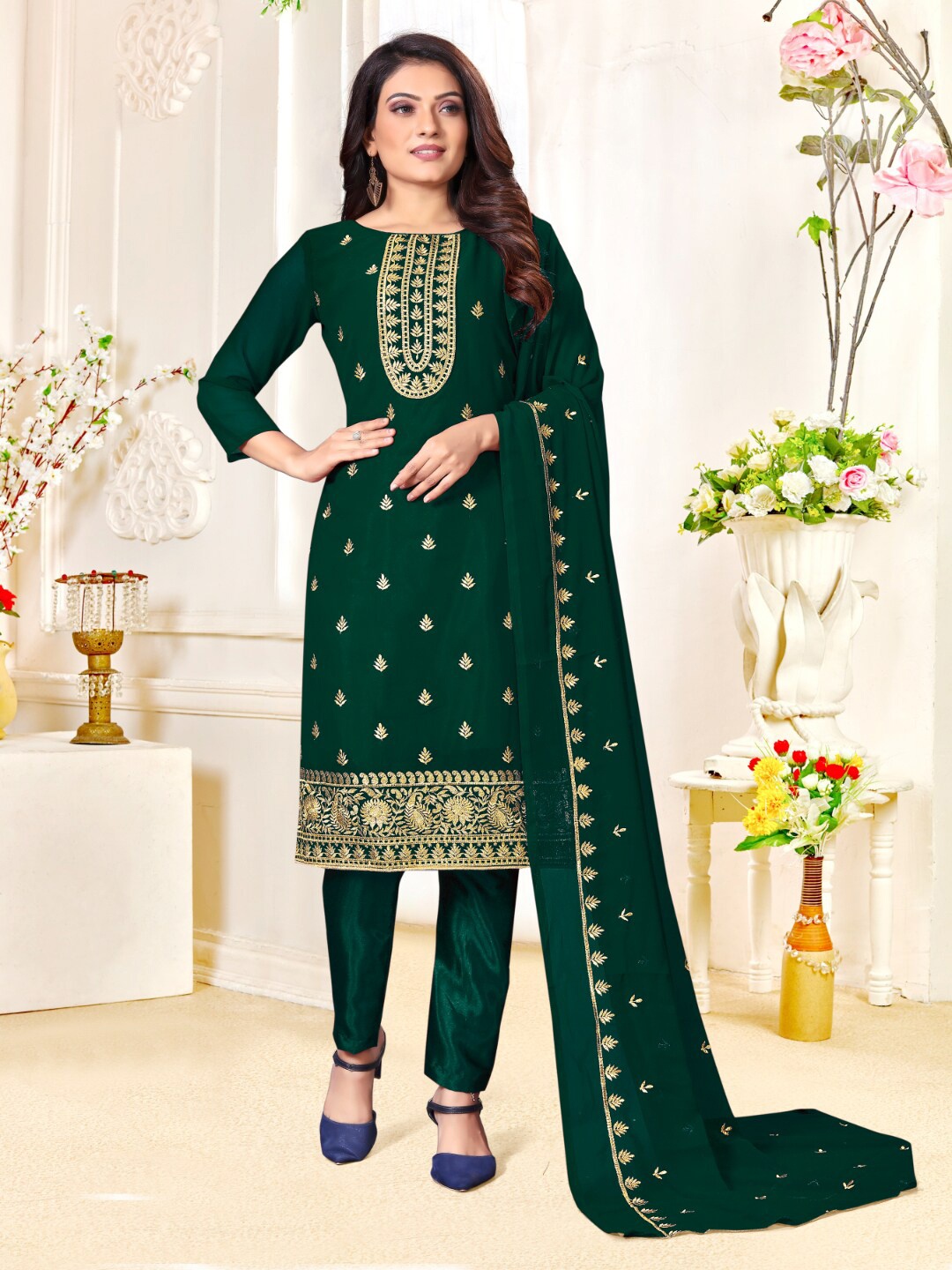 

Angroop Embroidered Unstitched Dress Material, Green