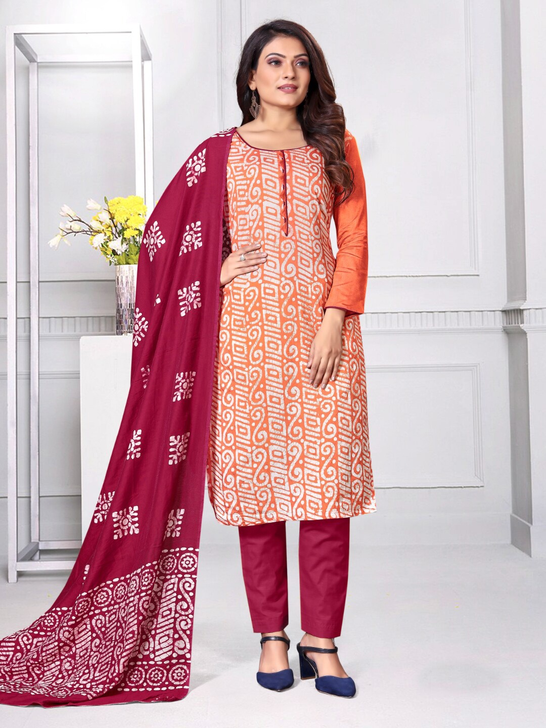 

Angroop Batik Printed Unstitched Cotton Dress Material, Orange