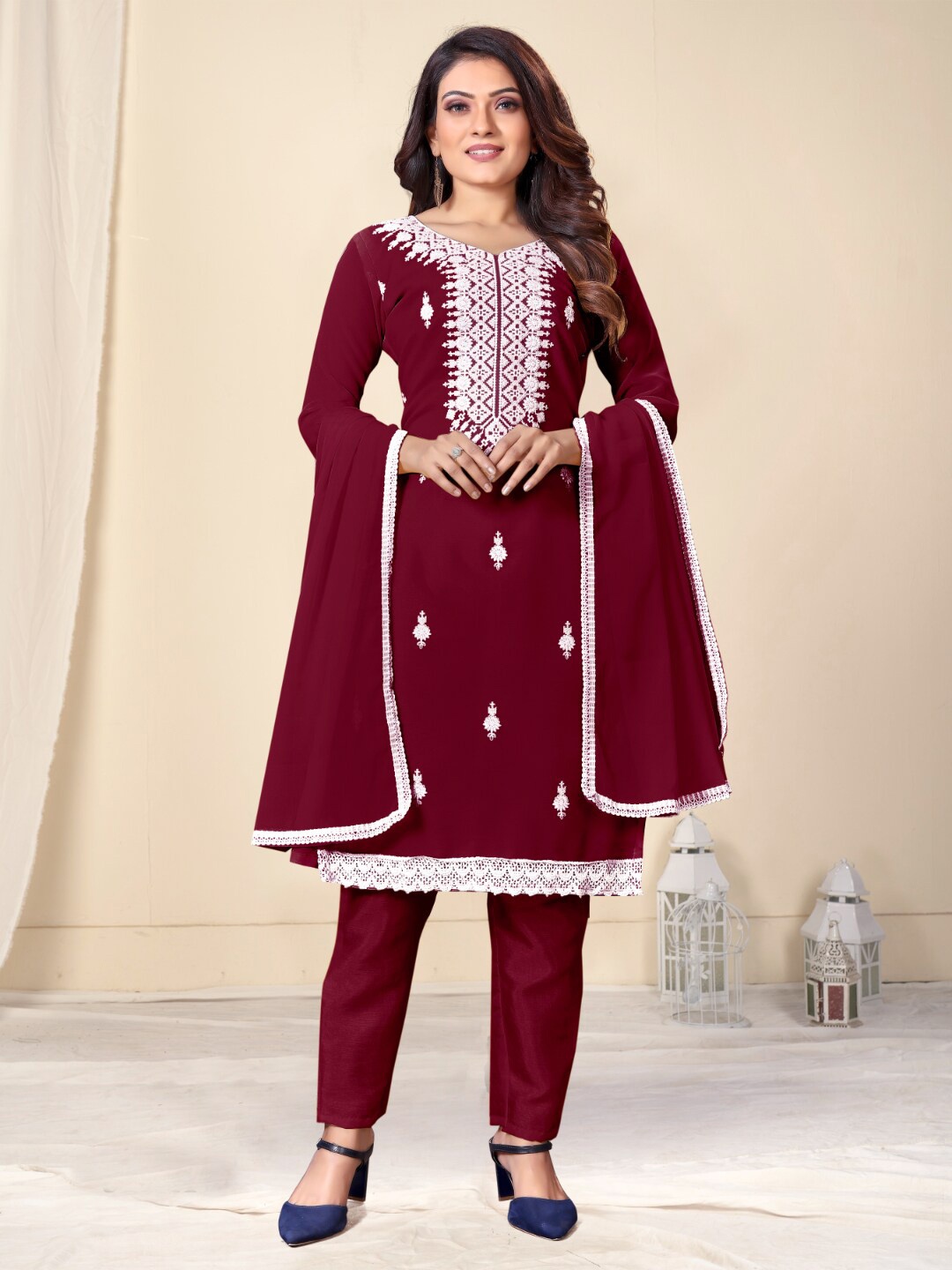 

Angroop Embroidered Unstitched Dress Material, Maroon