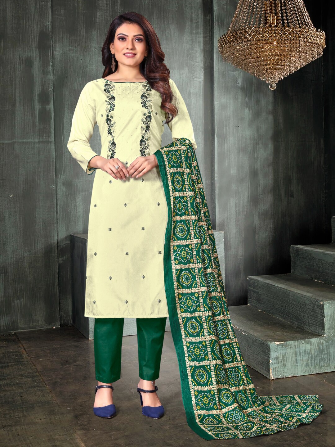 

Angroop Lime Embroidered Art Silk Unstitched Dress Material, Lime green