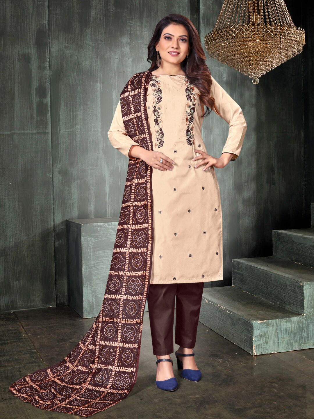 

Angroop Embroidered Art Silk Unstitched Dress Material, Cream