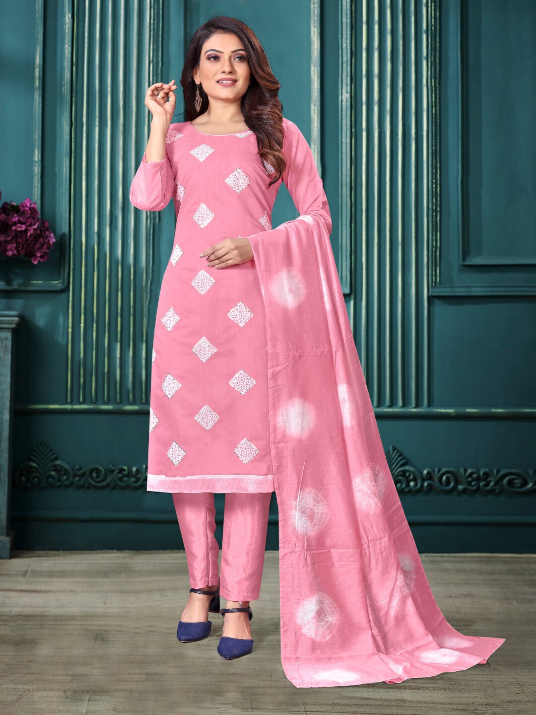 

Angroop Embroidered Sequinned Unstitched Dress Material, Pink