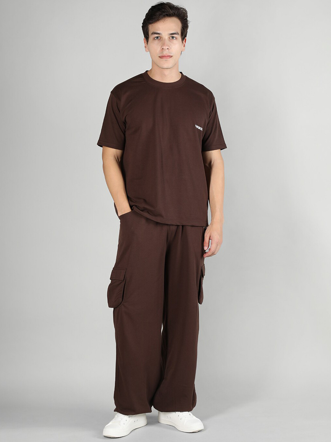 

CHKOKKO Round Neck Short Sleeves T-shirt With Trousers, Coffee brown