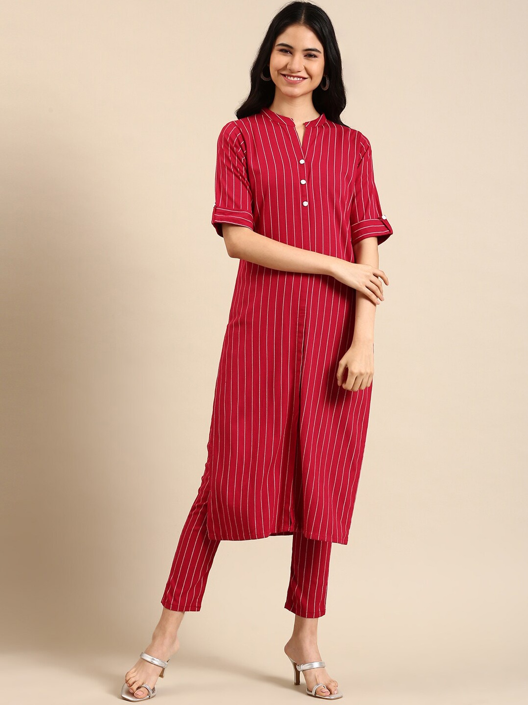 

SHOWOFF Mandarin Collar Striped Pure Cotton Kurta with Trousers, Red