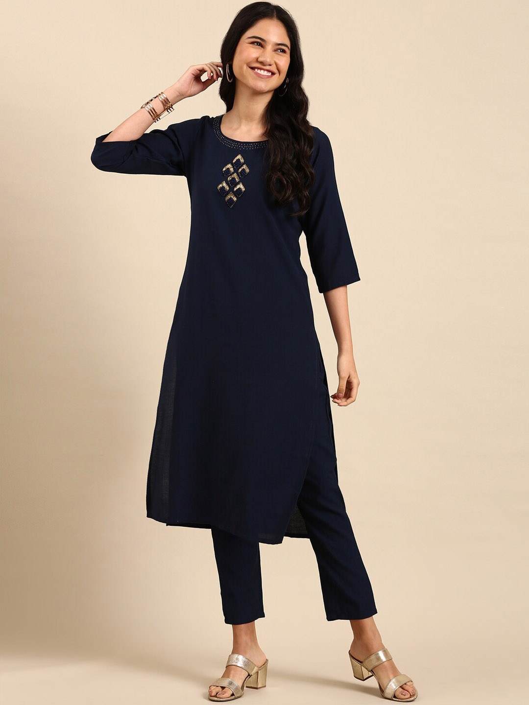 

SHOWOFF Yoke Design Thread Work Beads and Stones Kurta with Trousers, Navy blue