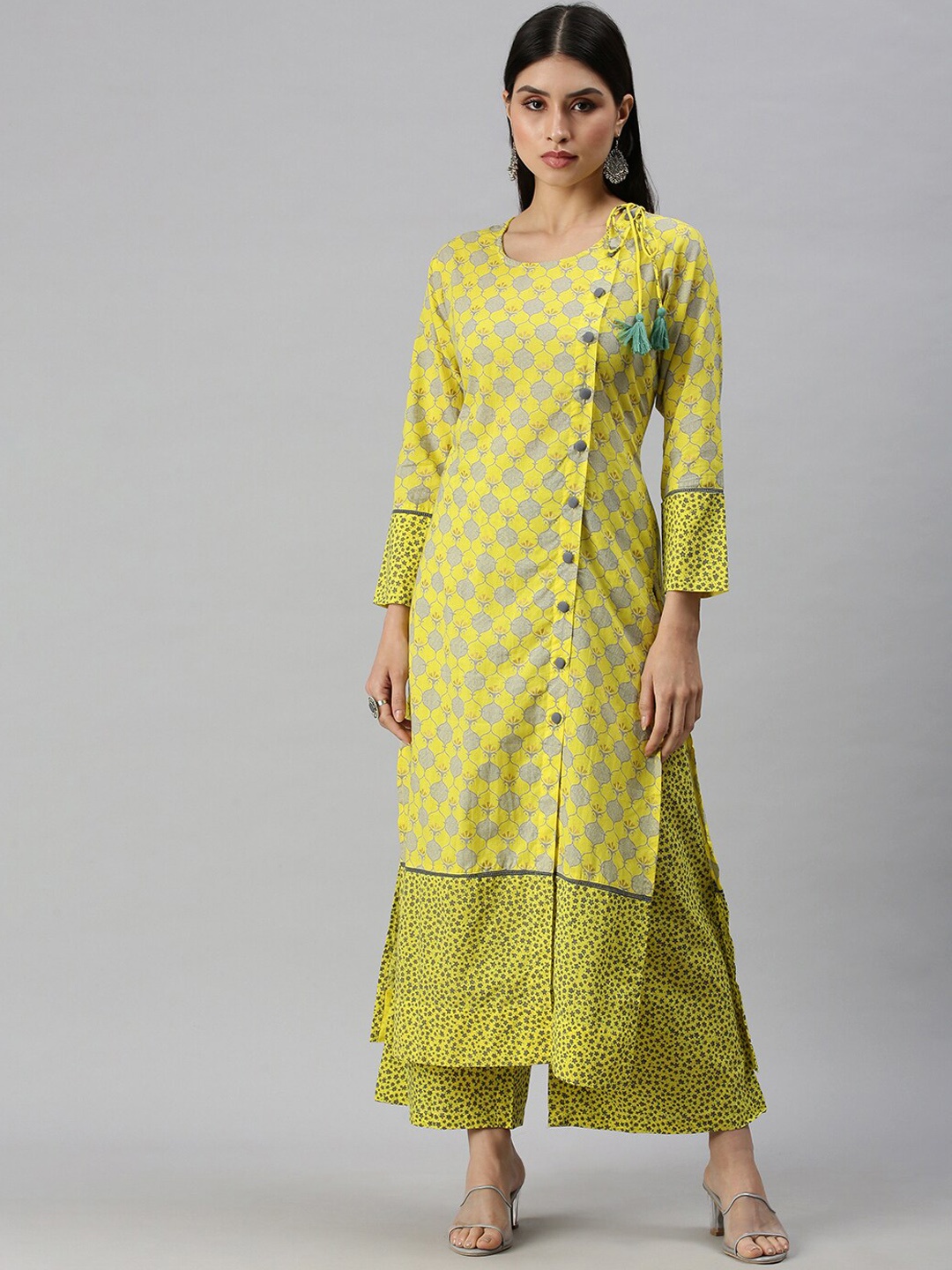 

SHOWOFF Ethnic Motifs Printed Multiple Slits Kurta with Palazzos & Dupatta, Yellow