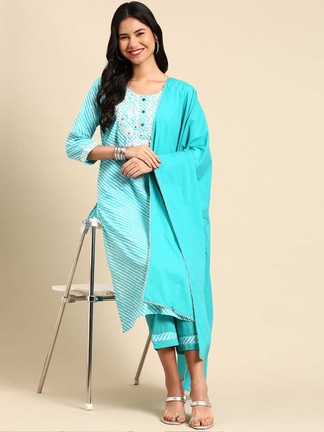 

SHOWOFF Leheriya Printed Mirror Work Kurta with Trousers & Dupatta, Turquoise blue