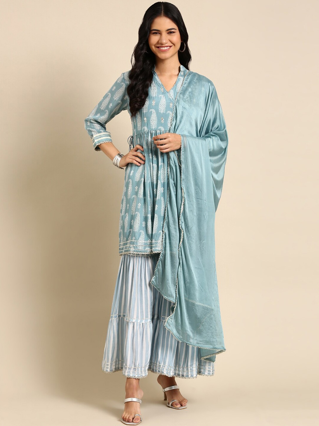 

SHOWOFF Ethnic Motifs Printed Mirror Work Chanderi Silk Kurti with Sharara & Dupatta, Blue