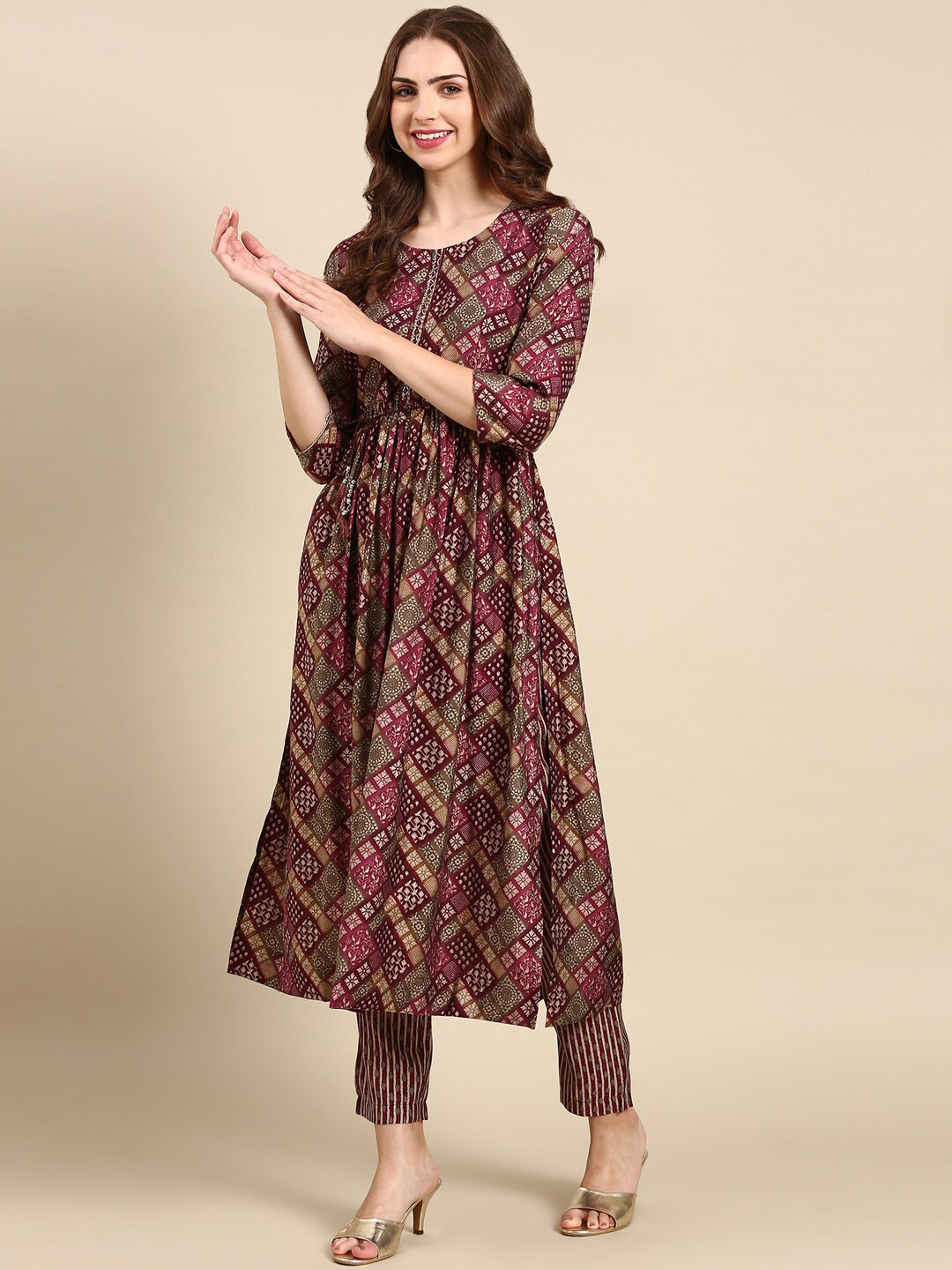 

SHOWOFF Ethnic Motifs Printed Beads & Stones Pleated A-Line Kurta with Trousers & Dupatta, Purple