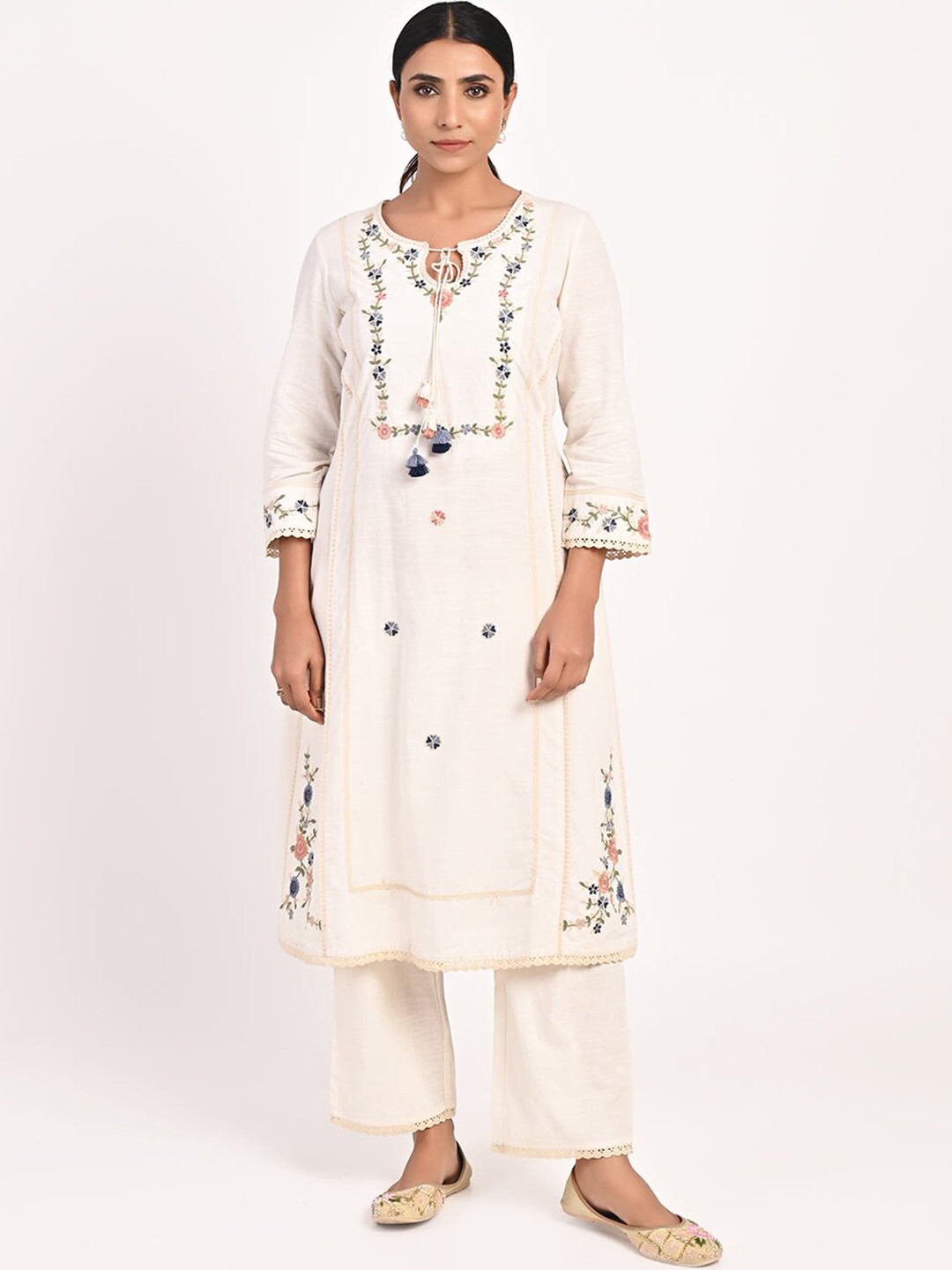 

Lakshita Floral Embroidered Sequined Panelled Pure Cotton Kurta with Trousers, Off white
