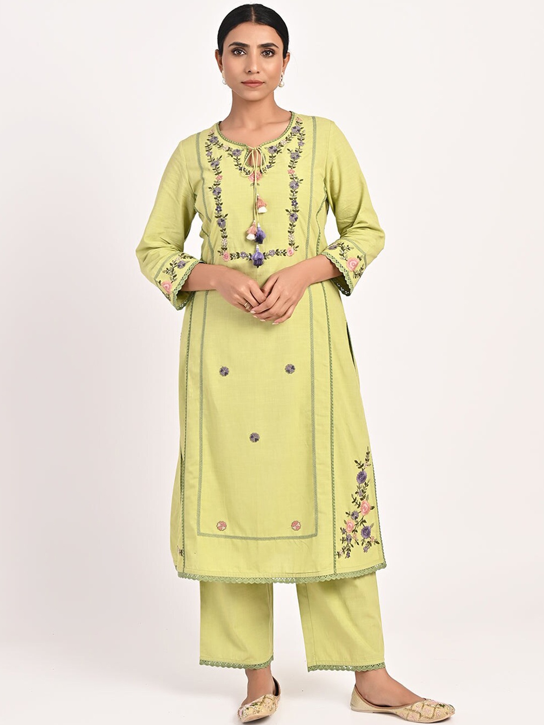 

Lakshita Floral Embroidered Sequined Pure Cotton Kurta with Trousers, Lime green