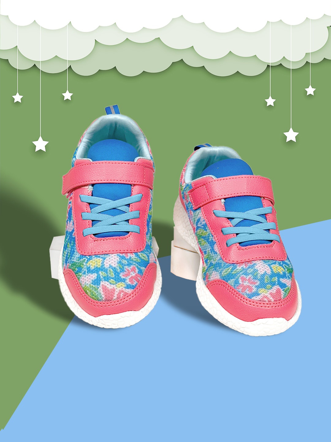 

KazarMax Girls Hopits Floral Printed Mesh Memory Foam Contrast Sole Sneakers, Pink