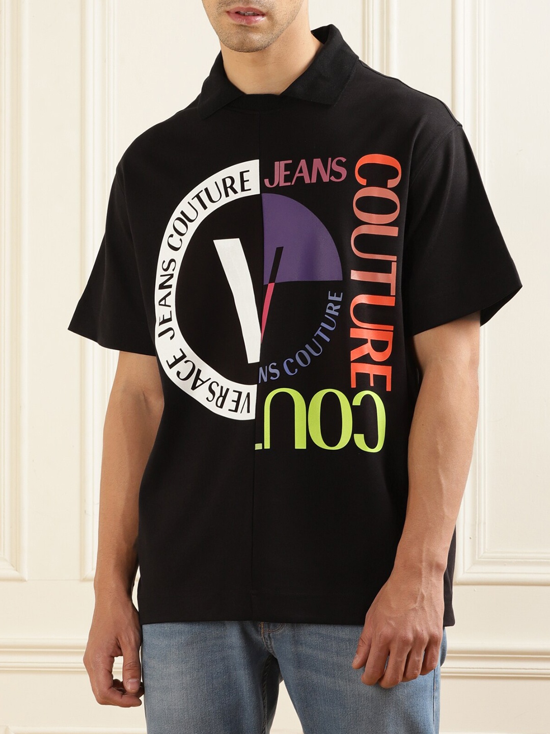 

Versace Jeans Couture Typography Printed Polo Collar Cotton T-shirt, Black