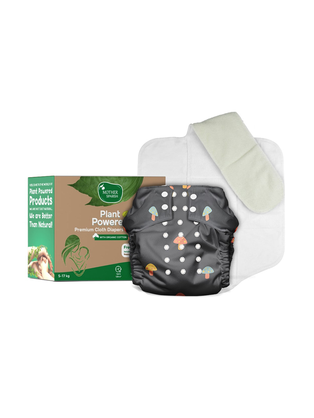

Mother Sparsh Babies Plant Powered Cloth Diaper with Built-in Booster Pad - Mushroom, Black