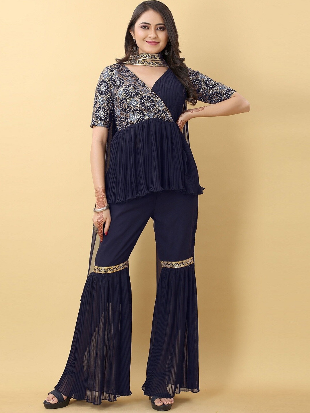 

Fashion Basket Ethnic Motifs Embroidered Kurti With Sharara & Dupatta, Navy blue