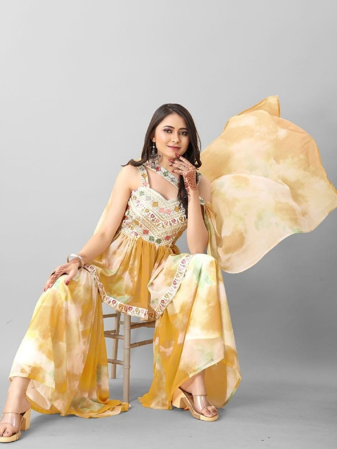 

Fashion Basket Dyed Thread Work Kurta With Sharara & Dupatta, Yellow