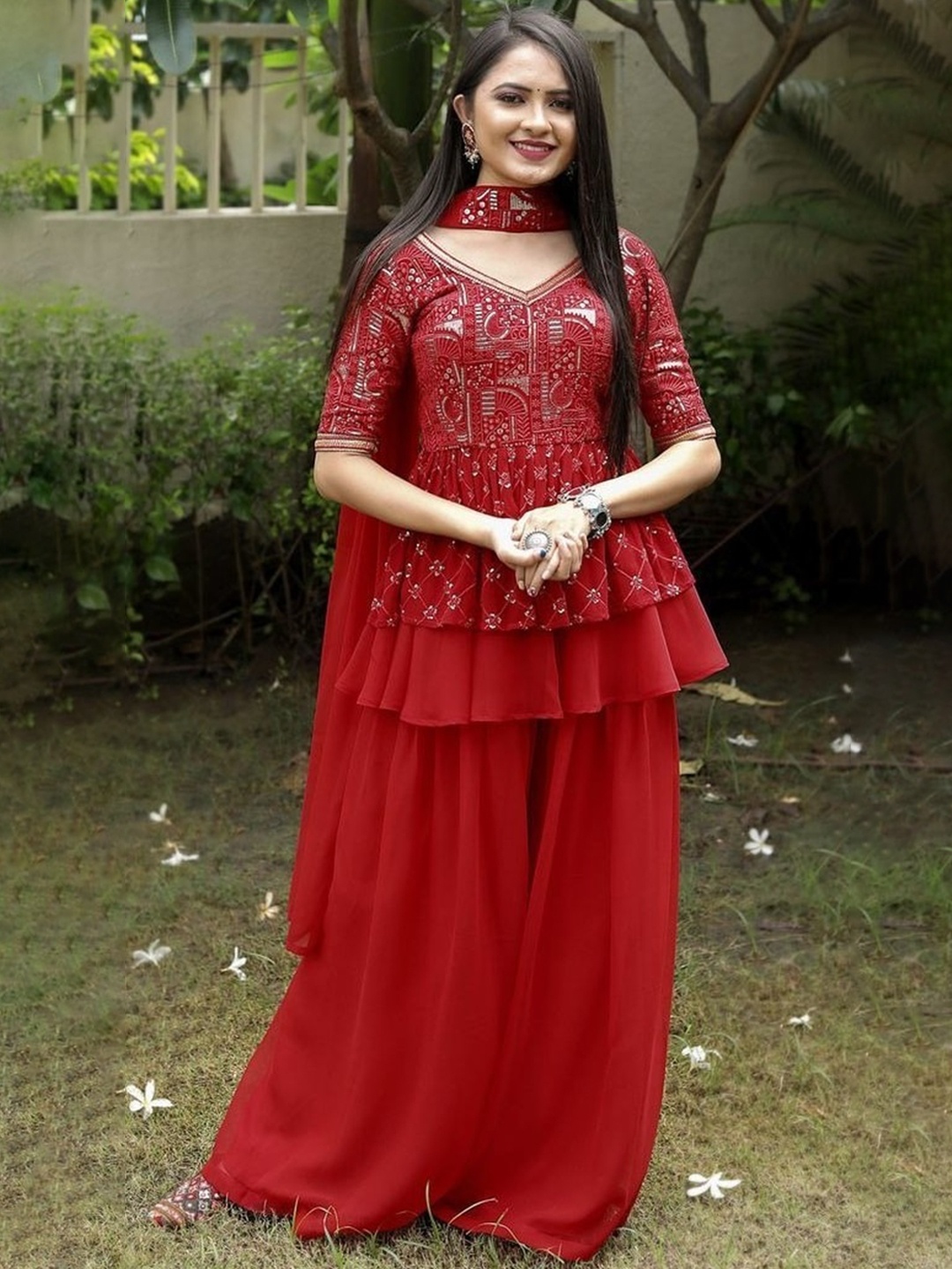 

Fashion Basket Ethnic Motifs Embroidered Kurta With Sharara & Dupatta, Red