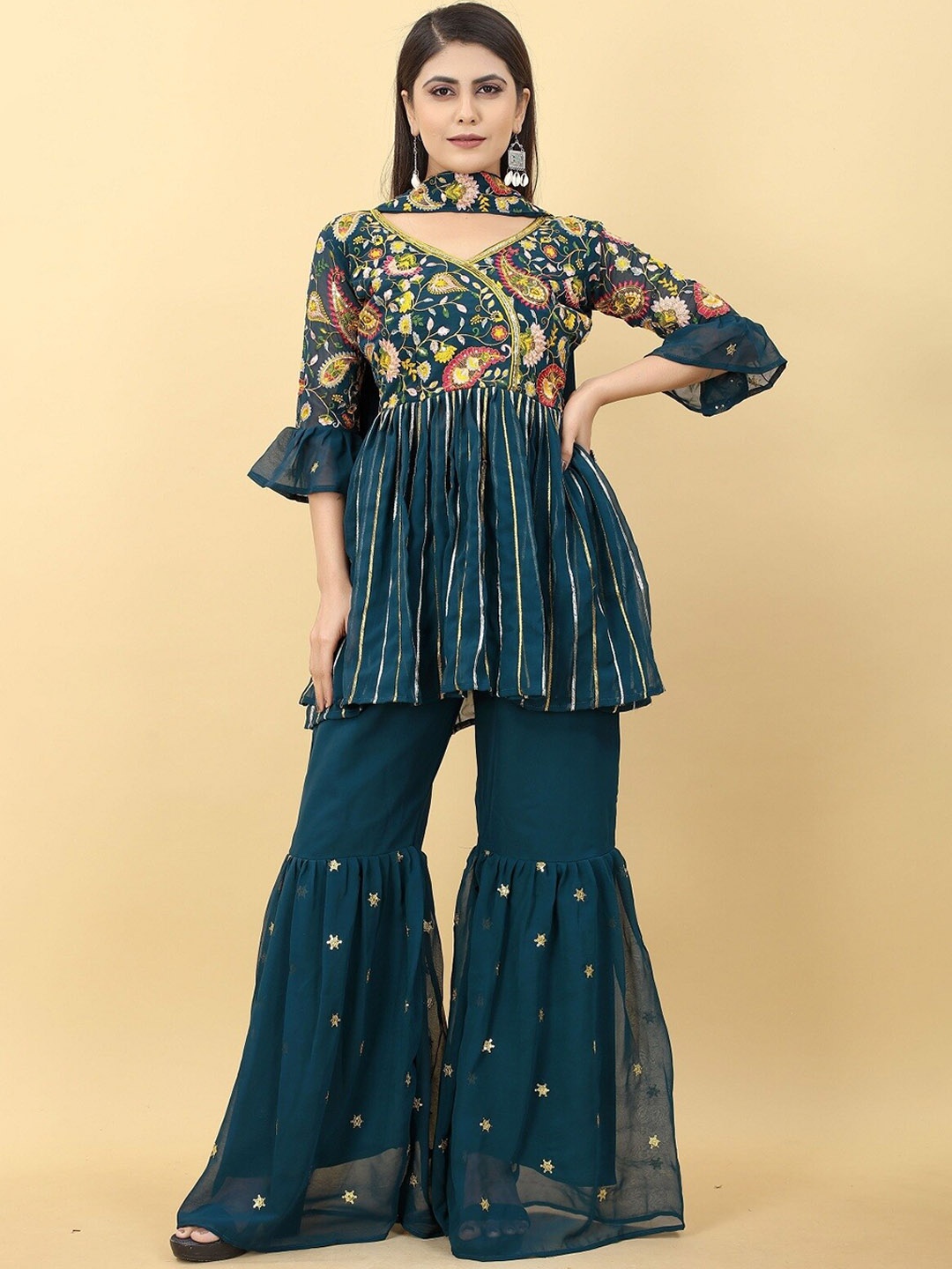 

Fashion Basket Floral Embroidered Kurta With Sharara & Dupatta, Blue