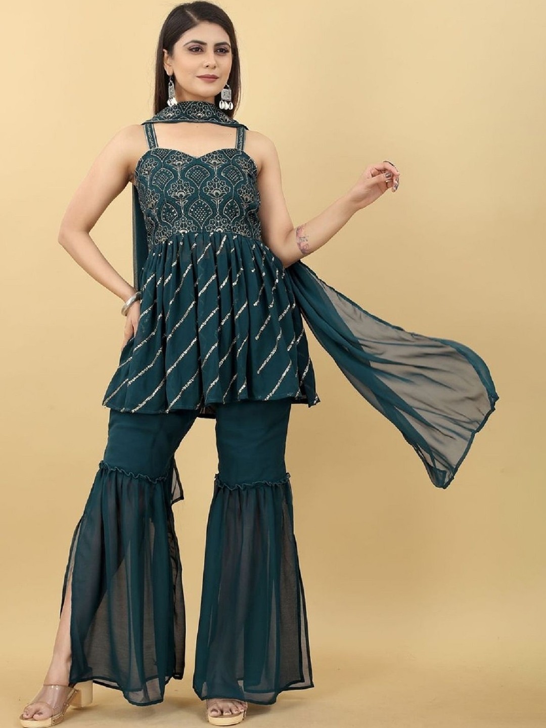 

Fashion Basket Ethnic Motifs Embroidered Kurta With Sharara & Dupatta, Teal