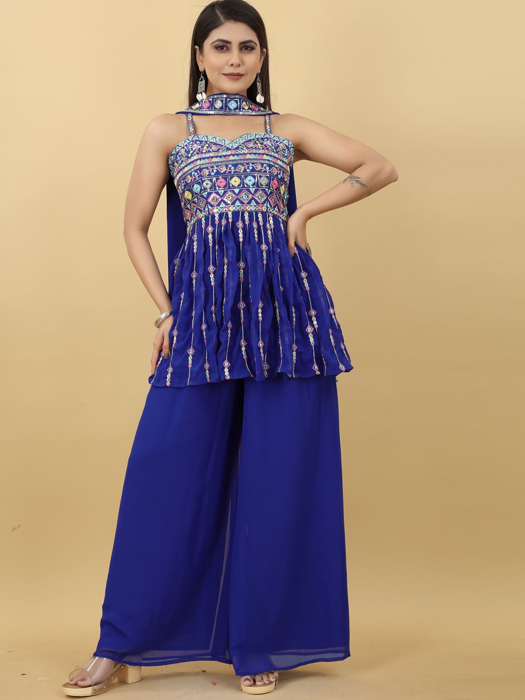 

Fashion Basket Embroidered Kurta With Sharara & Dupatta, Blue