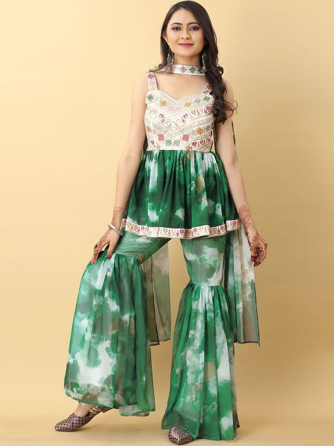 

Fashion Basket Abstract Dyed Thread Work Georgette Kurti with Sharara & Dupatta, Green