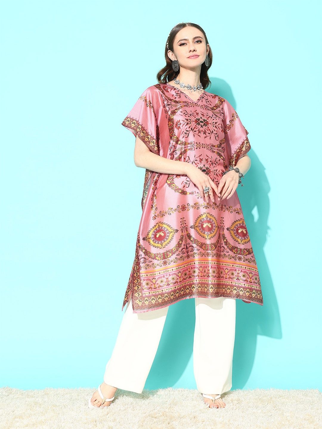 

Yufta Floral Printed Flared Sleeves Kaftan Kurta, Pink