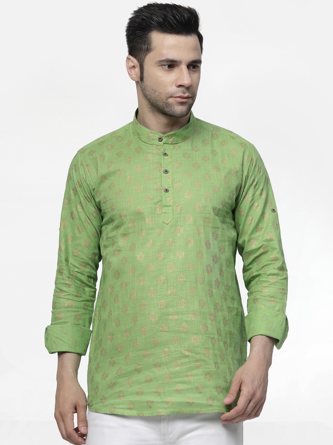 allan peter Ethnic Motifs Printed Band Collar Kurta, Green