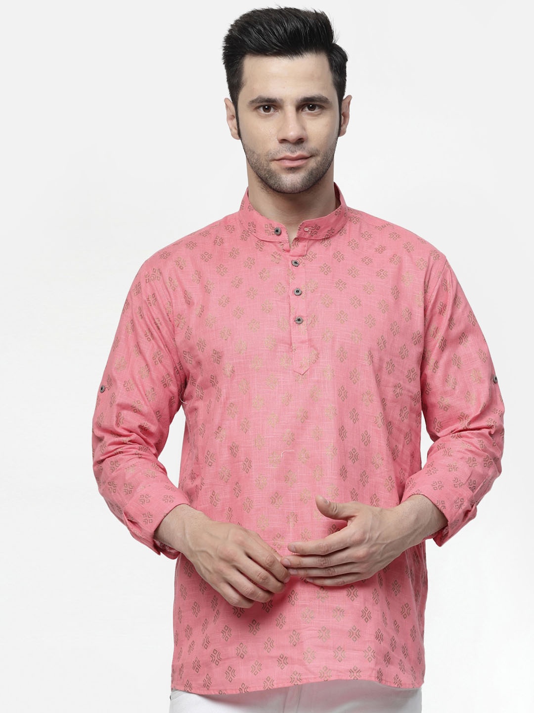 

allan peter Geometric Printed Band Collar Cotton Straight Kurta, Peach